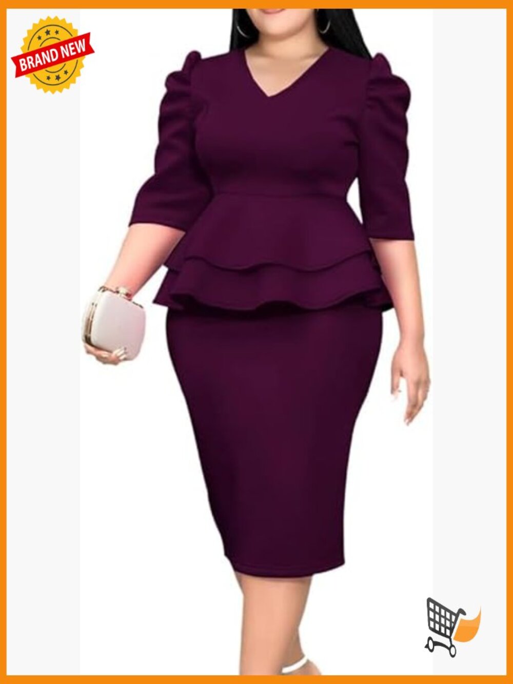 Plus Size Peplum Midi Dress with V-Neck and 3/4 Sleeves